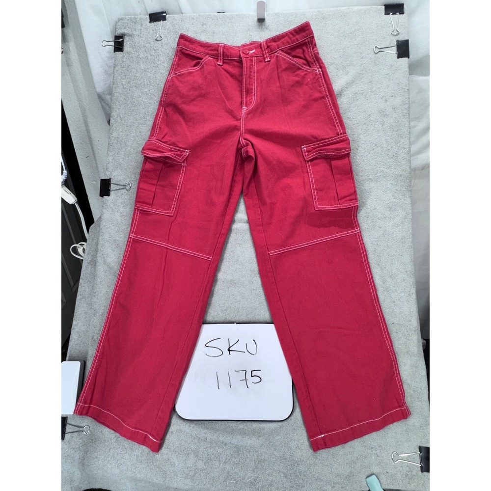 H&M Divided Cargo Pants Womens 6 Red Contrast Stitch High Rise Wide Leg Utility